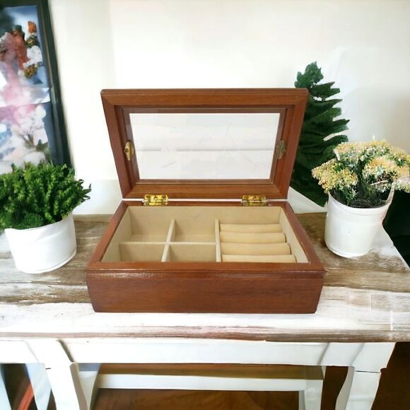 Vintage Jewelry Box Etched Glass Top Wood Tab Velvet Lined 80s 90s Hinge Dresser - Picture 14 of 16